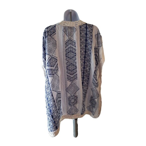 Chicos Crochet Trim Pullover Tunic Poncho Tassels Women's XL Blue White Boho - Picture 2 of 8